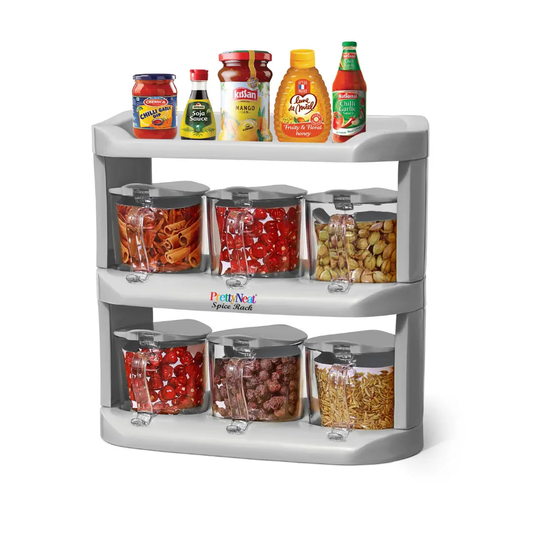 Spice Rack (3-Tier) - Set of 6 Crystal Jars (280 ml - 500 ml)