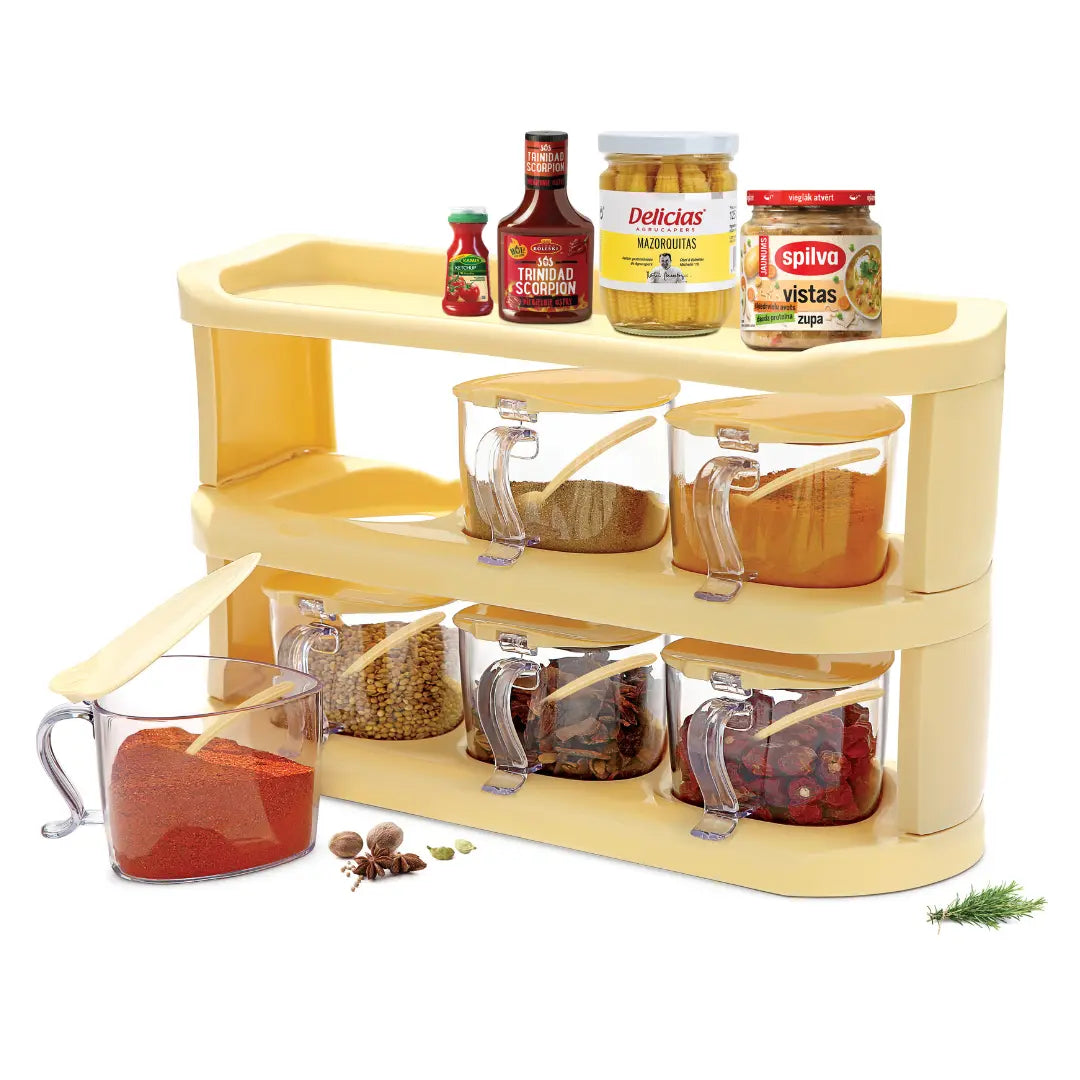 Spice Rack (3-Tier) - Set of 6 Crystal Jars (280 ml - 500 ml)
