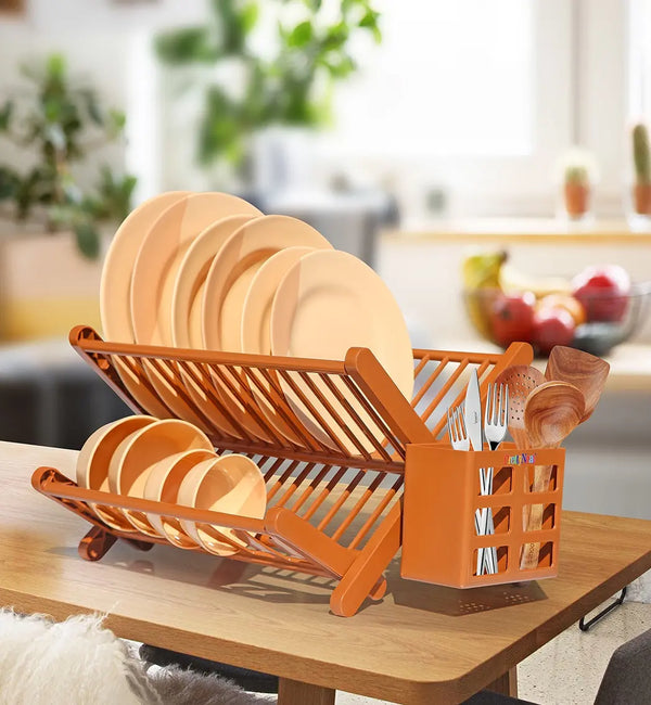 Foldable Plate Drying Rack with Cutlery Holder